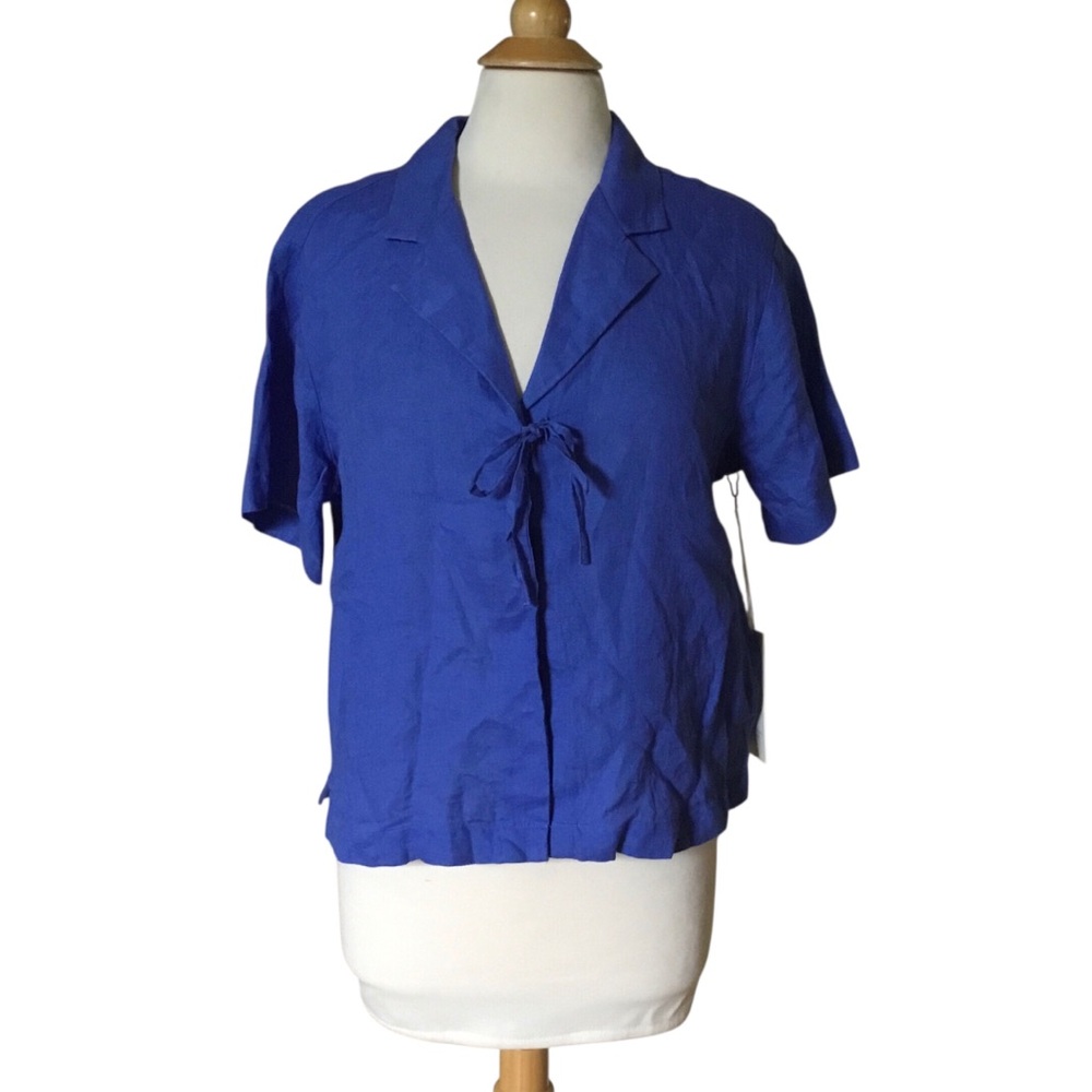 Calypso St. Barth Blue Linen Semi Sheer Snap Front Bow Tie Shirt